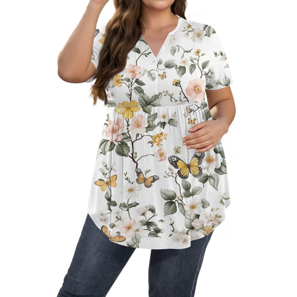 Женский принт Большой размер V-образный вырез Застегивающаяся на пуговицы блузка Повседневная с коротким рукавом Свободная блузка