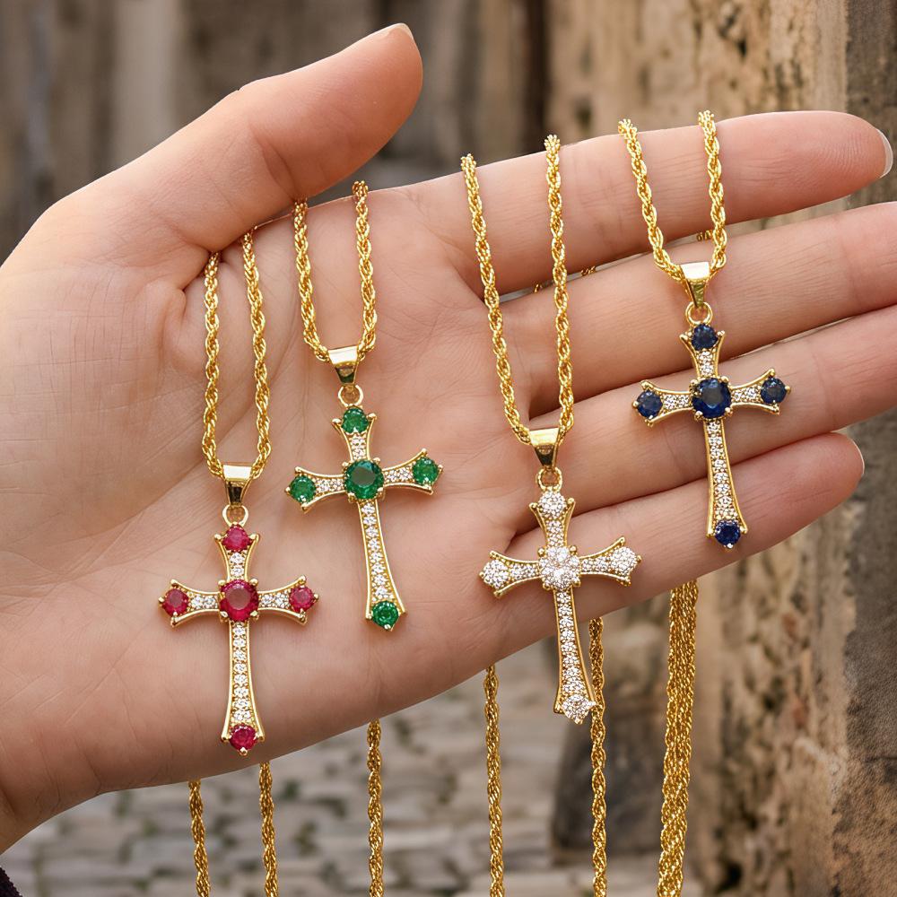 18K Gold-plated Color-preserving Copper Inlaid Zirconium Cross Pendant Necklace Simple Trendy Collarbone Chain