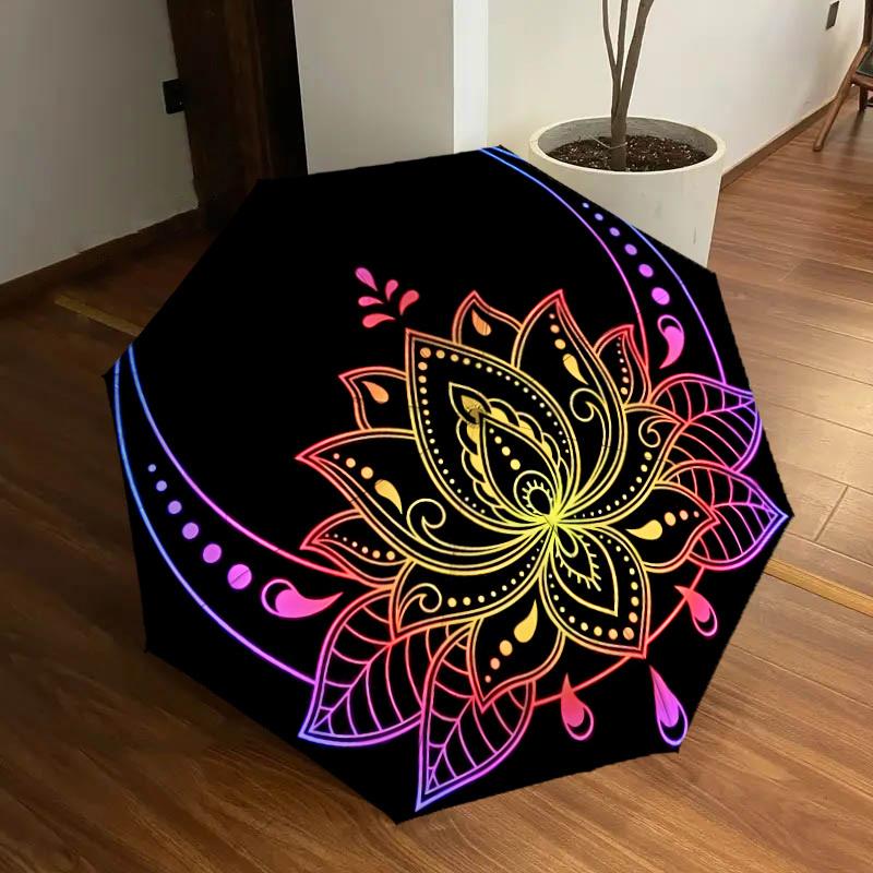 1pc Lotus Mandala Design Umbrella with Plastic Handle,Suitable for All Seasons Home Travel Outdoor UmbrellaDD1044