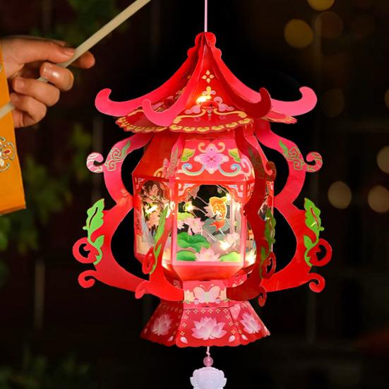 Handmade Chinese Traditional Lantern Kit Handcrafted Handheld 3D Hollow Chinese Palace Lantern with Lotus Tassel for Spring Festival Decoration