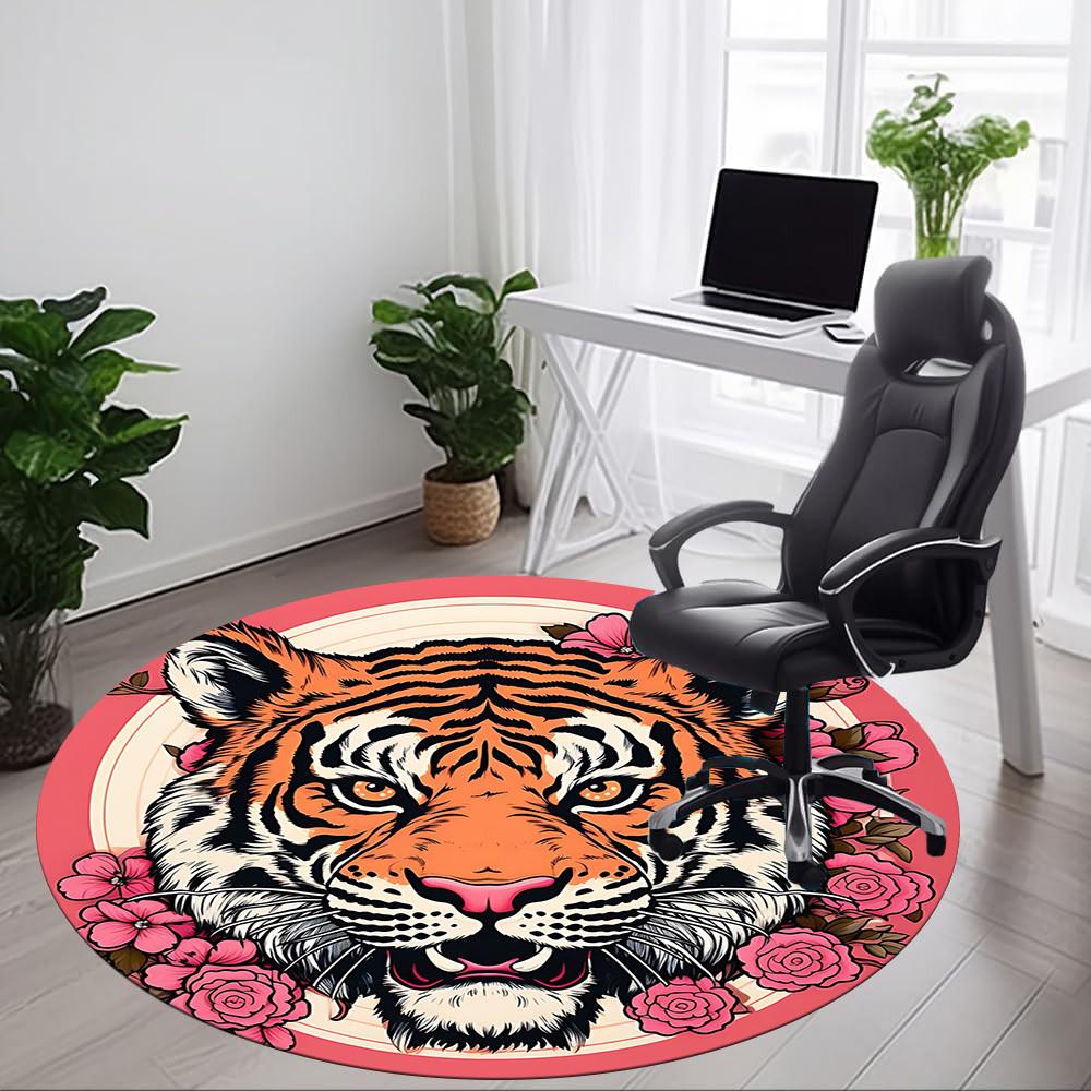 1pc Tiger Flowers Office Round Area Rug, Indoor Mat Suitable For Office, Under Office Chairs Bedroom Living Room Home Decor, Room Deco