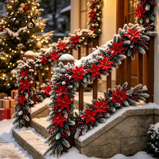 Covered Porch Fence Decoration 5.9Ft Artificial Christmas Poinsettia Garland with Frosted Pine Branch and Red Flexible Plastic Vines Berries, Festive