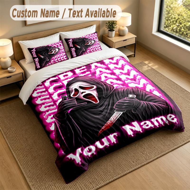 3Pcs Bedding Set Custom Name Text, 1 Sheet 2 Pillowcases Home Bed DecorScream Ghostface
