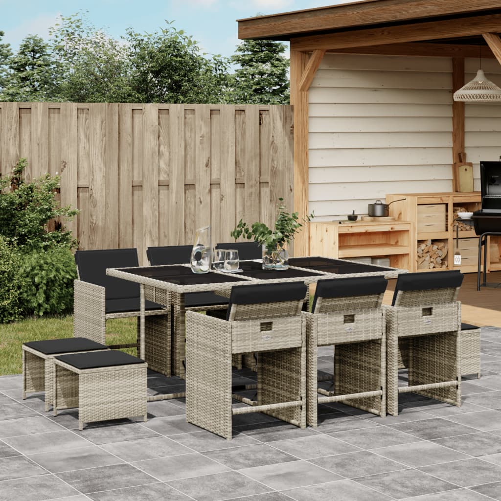 11 piece Garden Dining Set with Cushions Light Grey Poly Rattan
