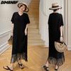 2024 Plus Size Summer Shirt Dress Women V-Neck Spliced Tassel Cotton Long Dress Casual Loose Short Sleeve Dress