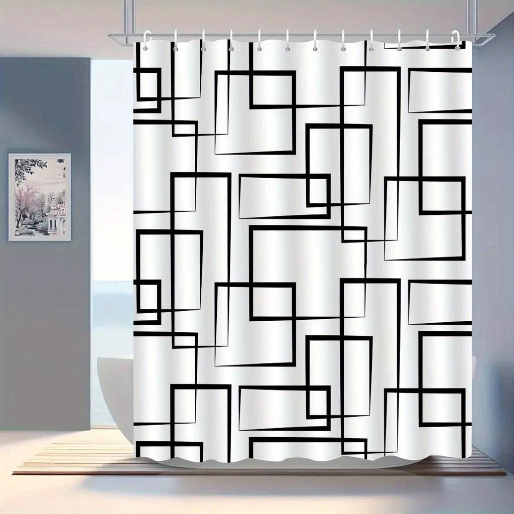 Minimalist Modern Black & White Geometric Shower Curtain, Elegant Bathroom Decor, Box Line Design, High-End Polyester Fabric