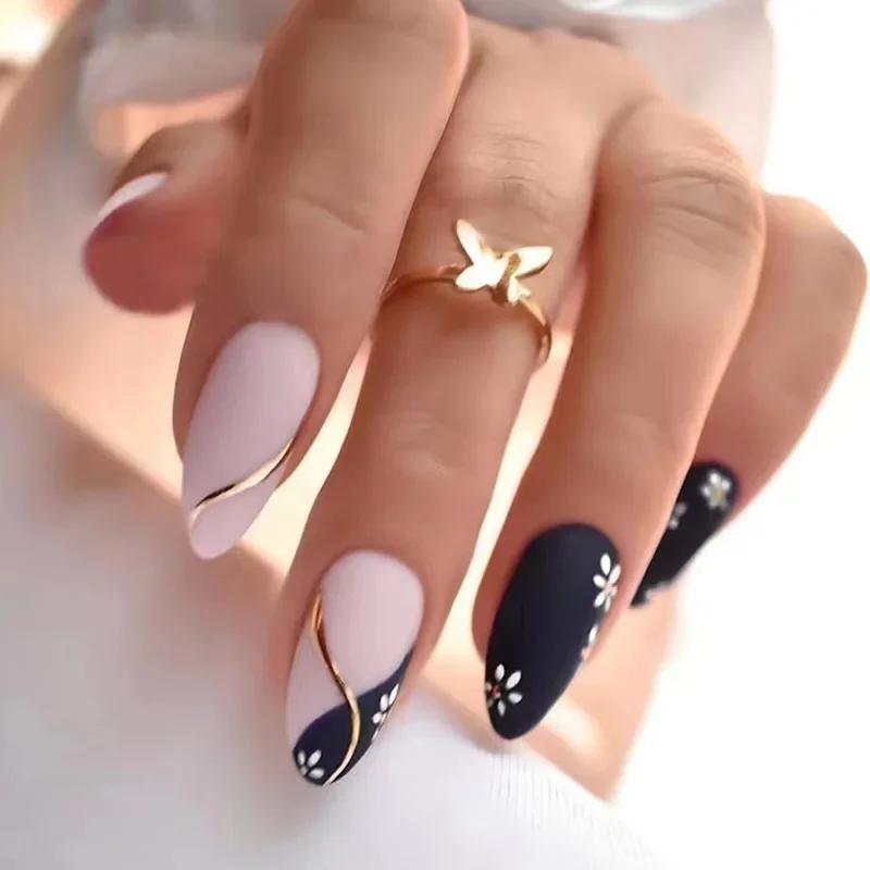 24 шт. Круглые миндальные накладные ногти, цветной градиент, французский, золотая линия, акриловое искусство накладных ногтей