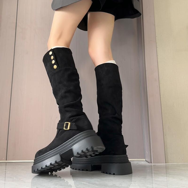 Autumn Winter Thick Heel Women Knee-High Boots Fashion Belt Buckle Shoes Ladies Mordern Long Botas De Mujer