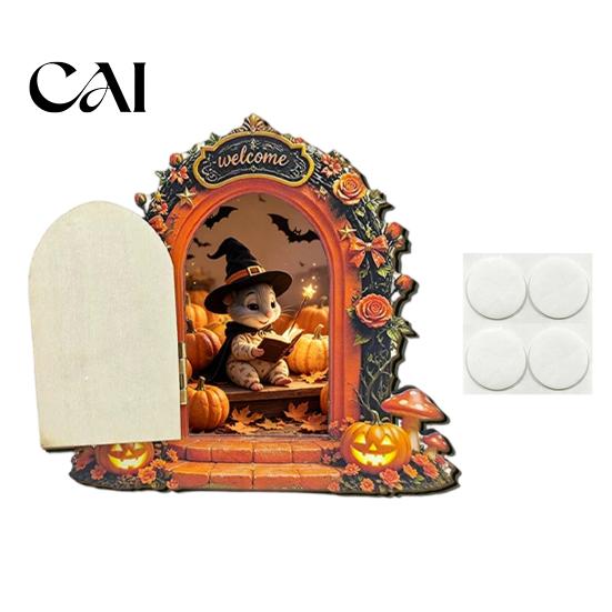 Holiday Gift for Children Halloween Mouse Hole Wall Decoration, Retro Arched Fairy Door with Pumpkin Openable Miniature Ornament & Flower Decor, Home