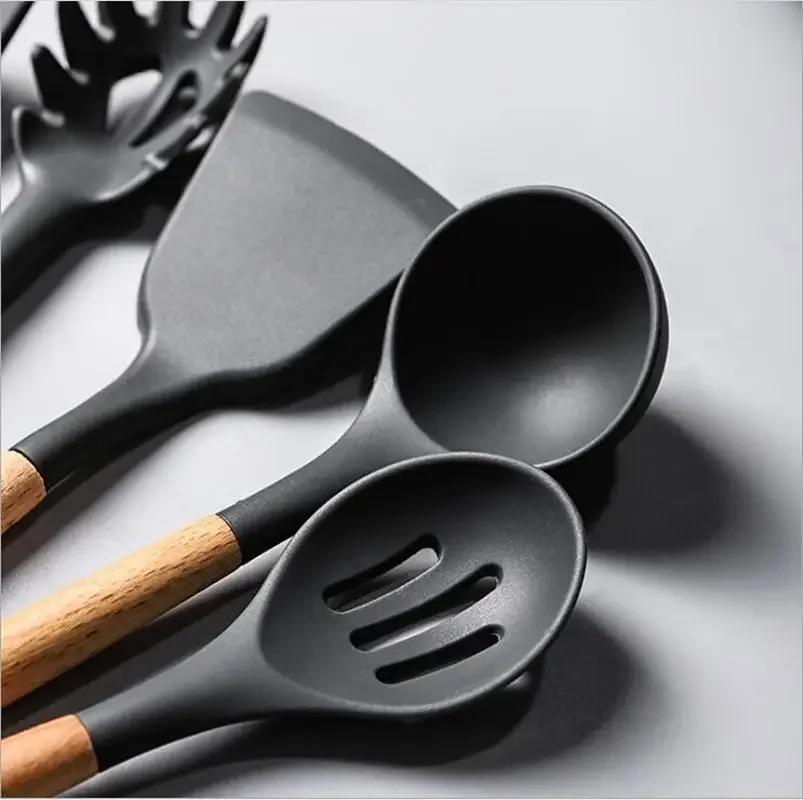 9 шт./комплект Наборы для приготовления пищи Суповая ложка Силиконовые кухонные принадлежности Лопатка Антипригарная лопата с деревянной ручкой Специальная термостойкая
