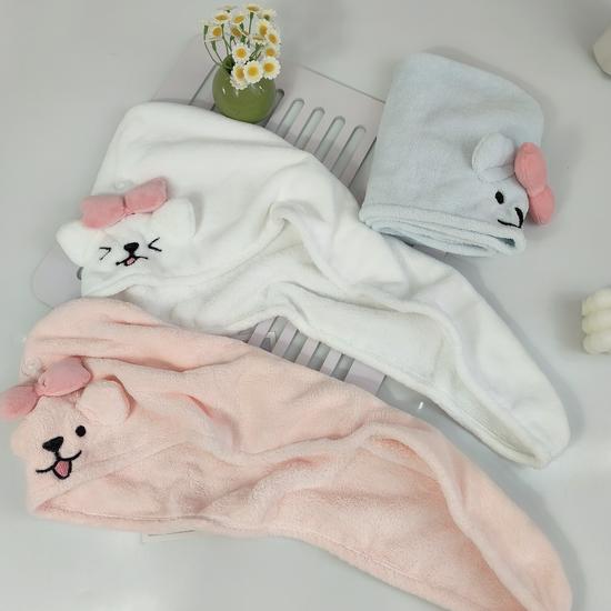 Cute Coral Fleece Puppy Hair Drying Hat - Quick Absorbent Towel Wrap for Girls with Long Hair
