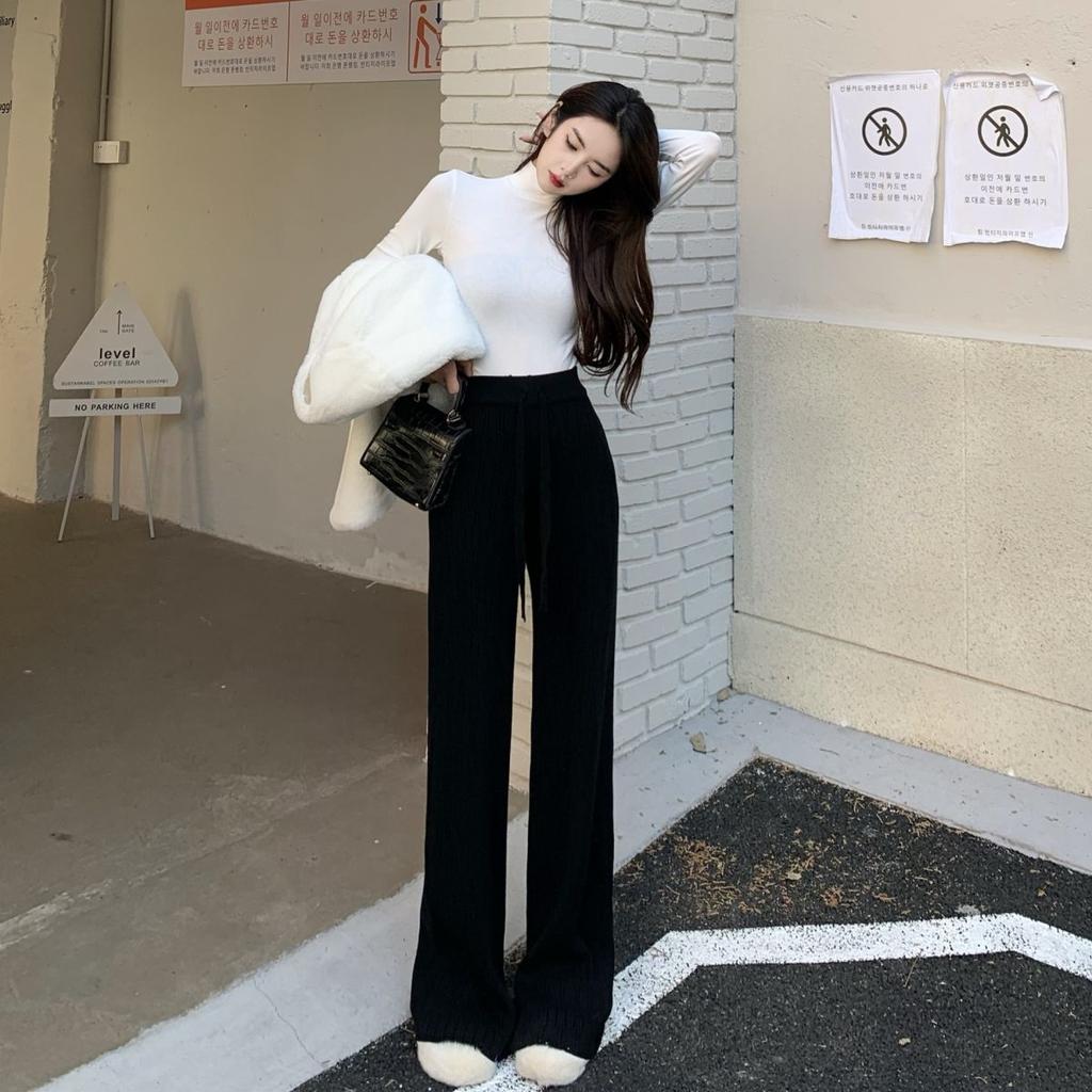 Осенне-зимние тонкие трикотажные повседневные брюки с высокой талией, женские модные драпированные белые широкие брюки, прямые брюки для мытья полов