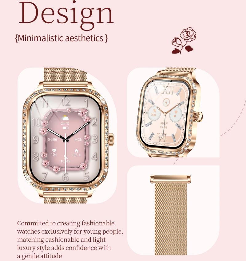 Fashion New Women Smart Watch AMOLED Curved Screen IP68 Waterproof Voice Bluetooth Call Heart Rate Blood Pressure Monitor Health Smartwatch