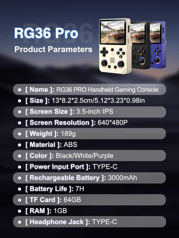 RG36 Портативная консоль с открытым исходным кодом Pro - Новая модель, портативная GBA, ностальгическая мини-аркада с разноцветными RGB-подсветками.