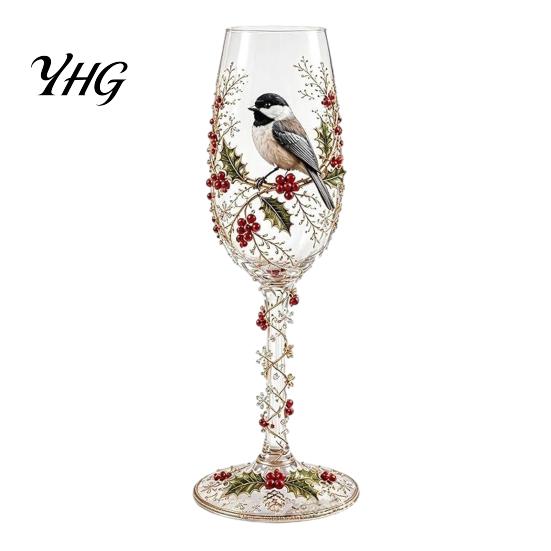 Floral Pattern Wine Glass Hand-painted Glass, Bird And Design Stem Goblet, Gift for Lovers Artistic Crystal Borosilicate Goblet Red Juice Decorative