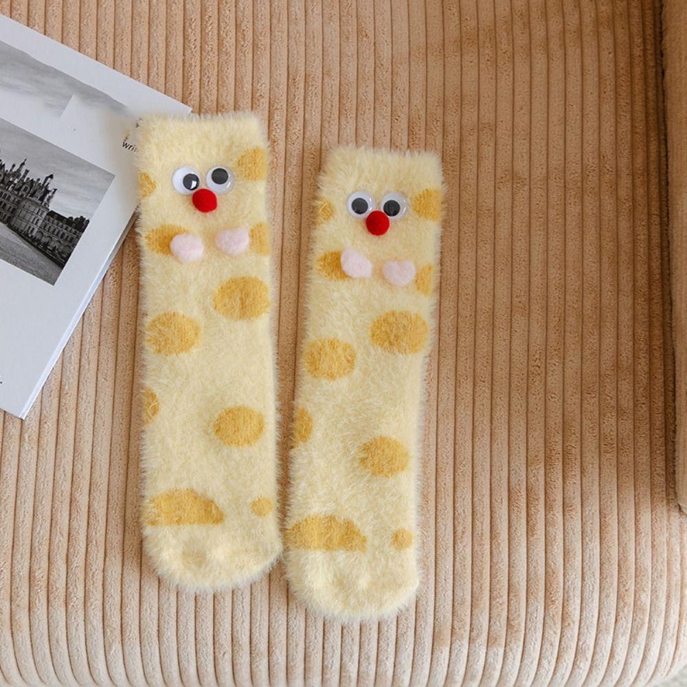 Cute Eyes Plush Dot Socks Soft Thicken Warm Socks Ins Mink Fur Socks  Girls