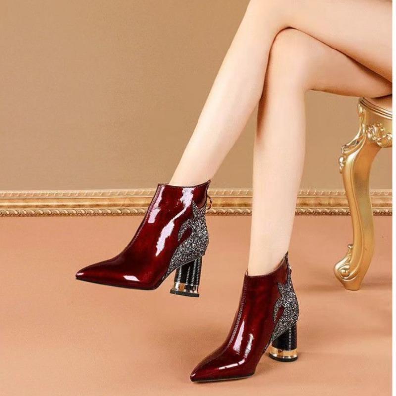 Женская обувь 2024 года, горячая распродажа, женские сапоги с молнией сзади, модные, с пайетками, для офиса и карьеры, сексуальные, с острым носком, ботильоны больших размеров