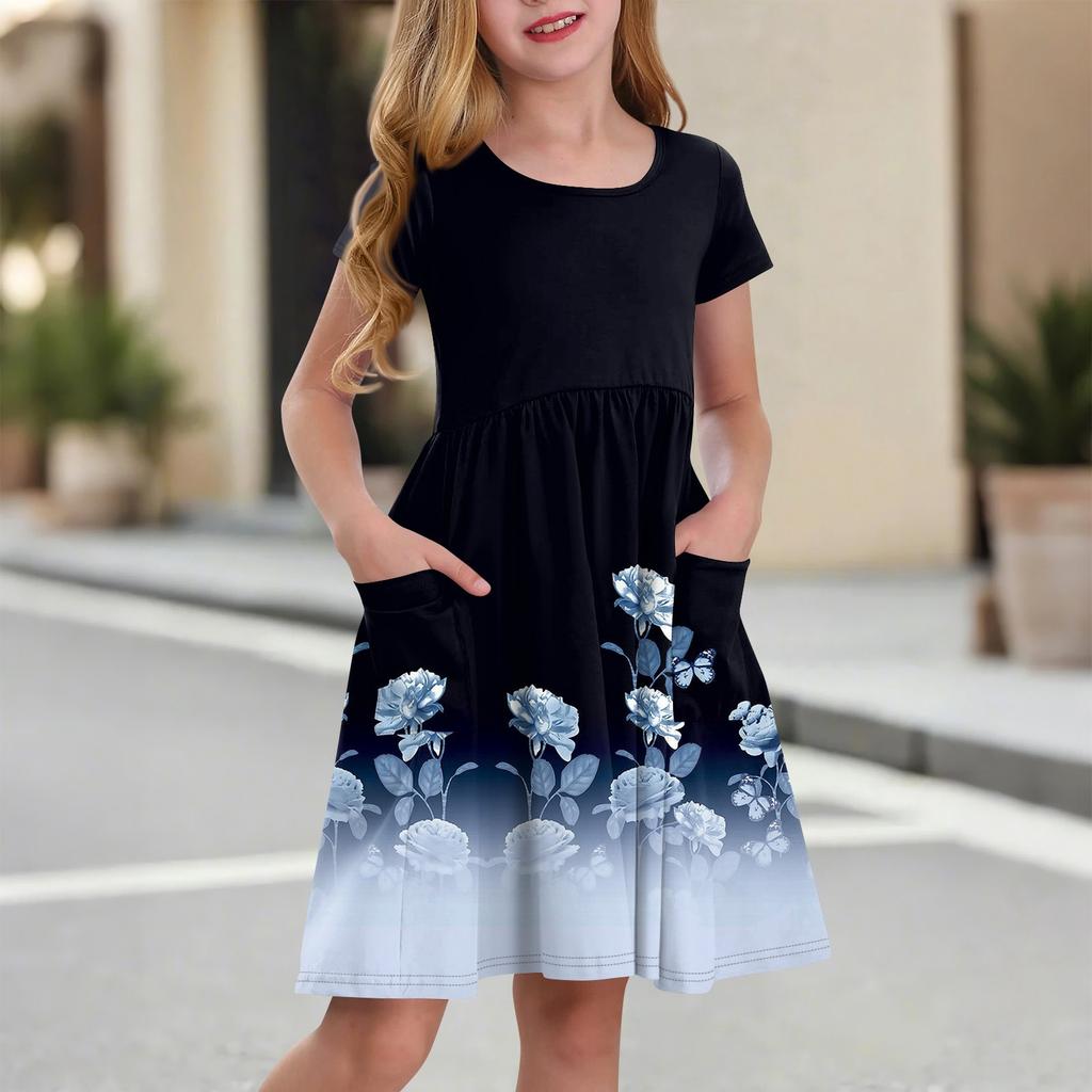 Children's Skirt Round Neck Short Sleeve Princess Dress Fashion Casual Pocket Dress For Girls