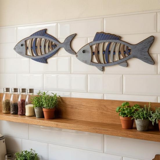 Mediterranean Style Home Decor 2Pcs Wooden Fish Wall Hanging, Hollow Skeleton Rustic Fishbone Hanging Decor, Vintage Nautical Ornament for Kitchen