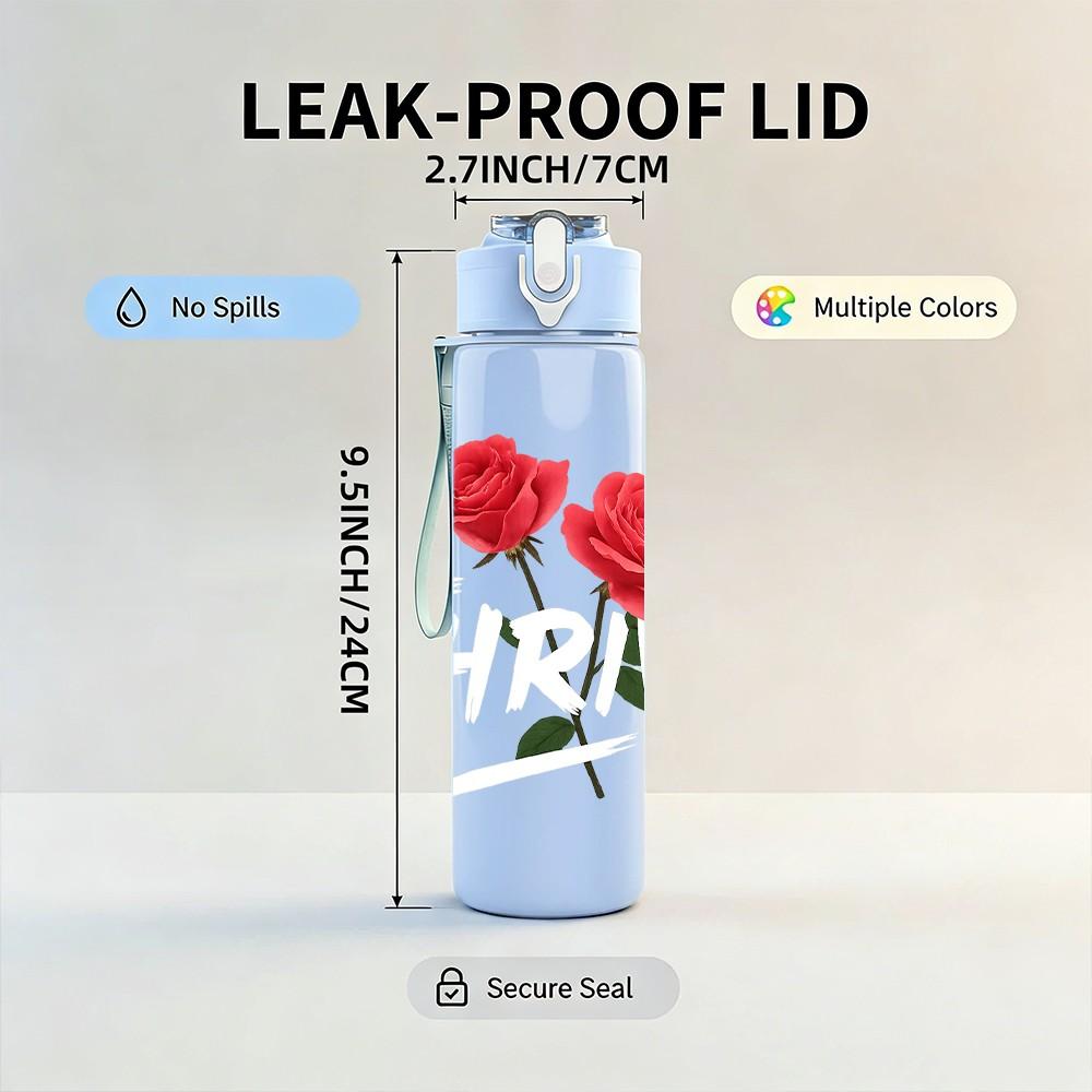 1PC Two Red Rose Flowers 750ml Color Plastic Sports Water Bottle Leakproof Flip Straw Lid Suitable for Sports Office Home Use