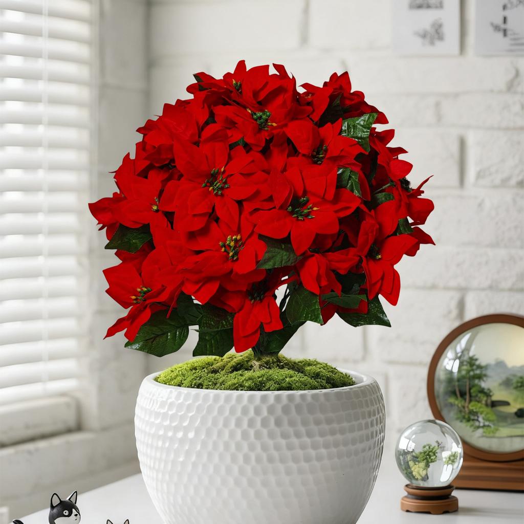 15in  Artificial Poinsettia Bouquet, Red Poinsettia Shrub, Silk Poinsettia Bouquet, Suitable For Indoor And Outdoor Home Porch Garden Decoration.