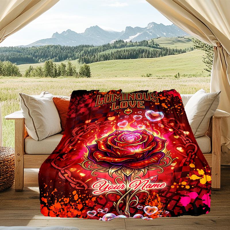 1PC Custom Name Luminous Love Artwork flannel blanket versatile,all-season throw suitable for the living room,bedroom,camping,travel,and gift