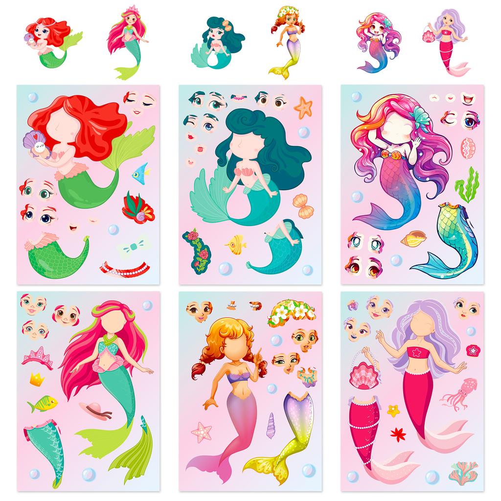 6 Photos/pack Cartoon Little Mermaid Dress and Expression Collage DIY Decorative Face Change Stickers