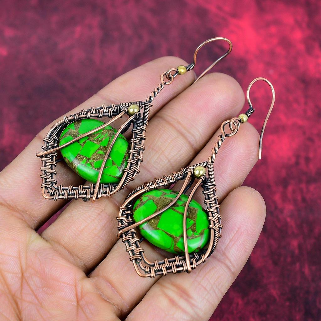Copper green turquoise earring copper wire wrapped earrings handmade copper jewelry natural gemstone earring wire wrap jewelry gifts for her
