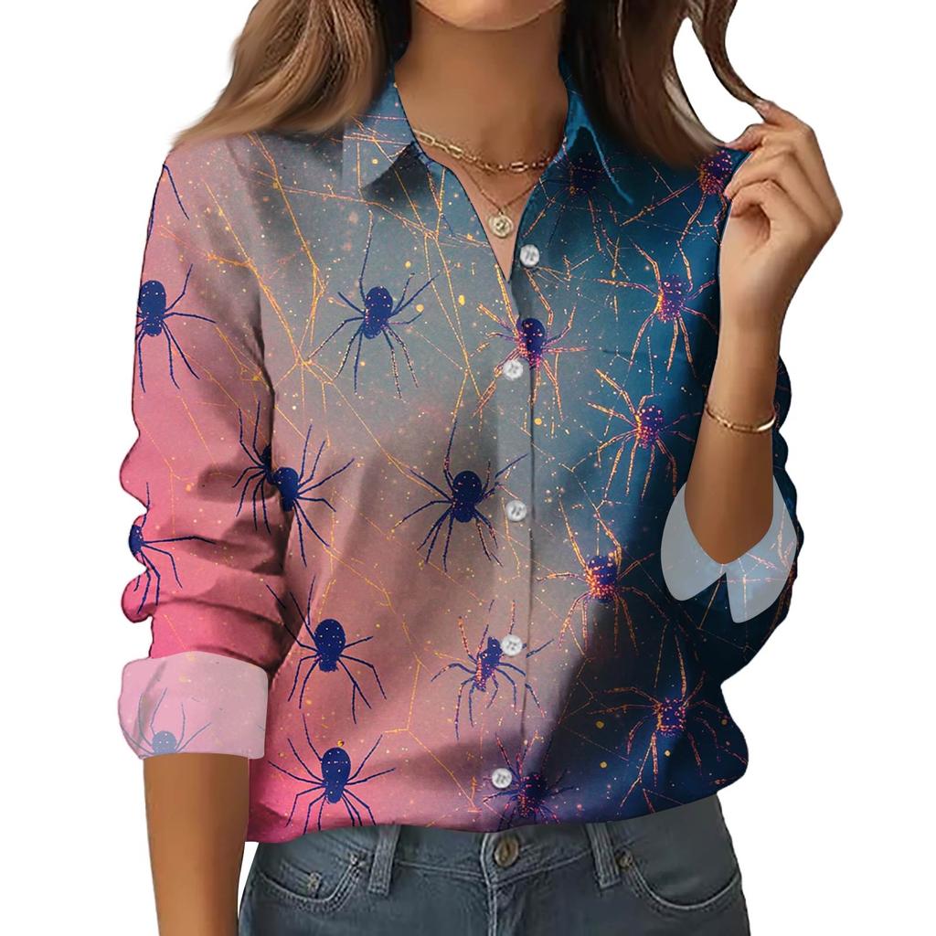 Женская рубашка-блузка с принтом и пуговицами, длинный рукав, повседневный базовый рубашечный воротник, обычный топ