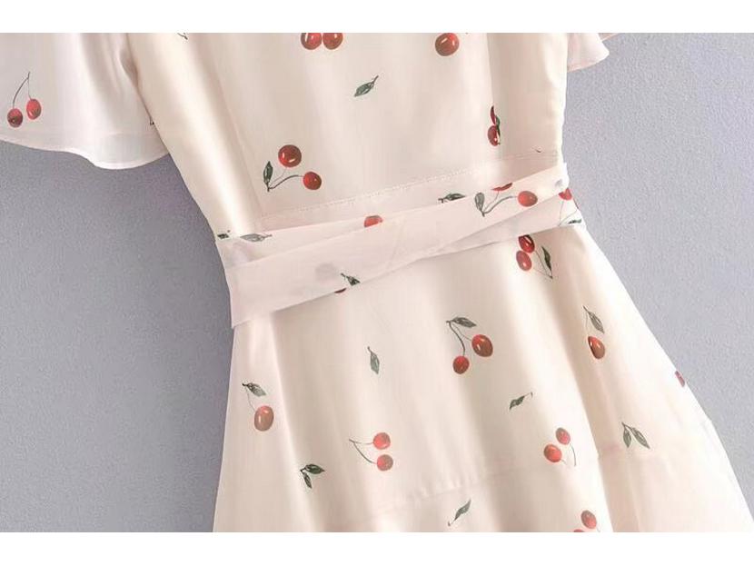 Платье YPFF French Retro Cherry Print с V-образным вырезом и оборками