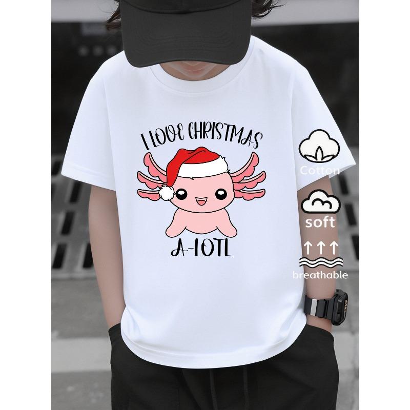 European sizes Boys Casual Short Sleeve T-Shirt with Cute Christmas Axolotl Tee Graphic Print-- Fun Summer Design, Regular Fit for Casual Attire