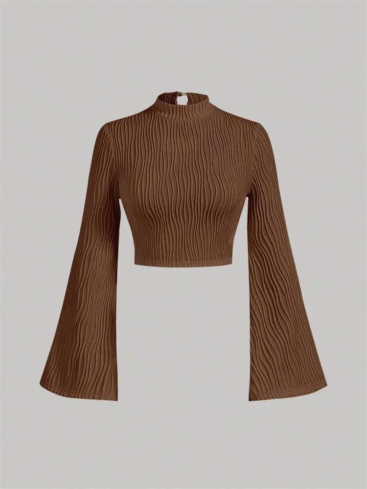 Long Sleeve Crop Top Phumee Textured Mock Neck Solid Color A1144