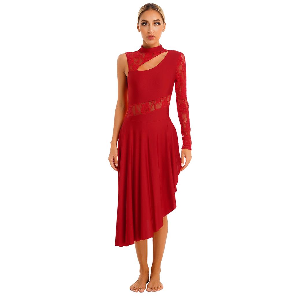 Женское танцевальное платье с длинным рукавом, кружевное лоскутное платье с вырезом на одно плечо, разрез на подоле