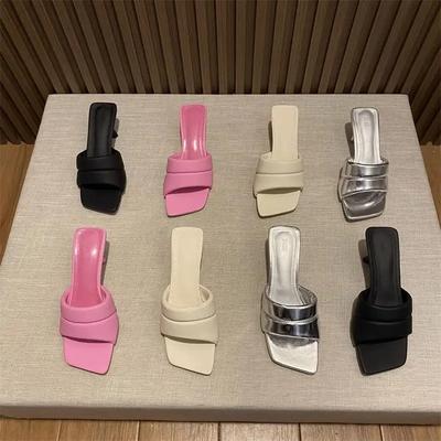 Модные женские тапочки, 2024 Новые тапочки Женская летняя обувь Модные шлепанцы с открытым носком и квадратным носком, Женские сандалии на высоком каблуке Женские