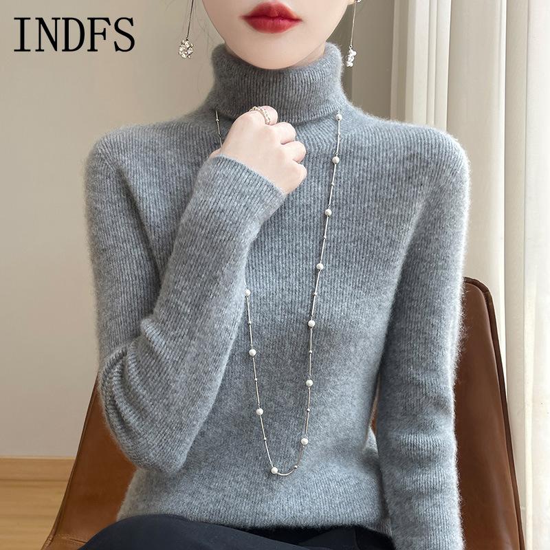 INDFS Women's Fashion Casual Fall Winter Solid Color Print Long Sleeve High Neck Sweaters