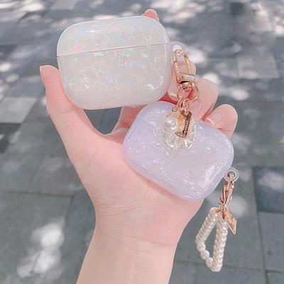 Защитный чехол из ТПУ с рисунком оболочки для AirPods Pro 2 и подвеской в виде жемчужины