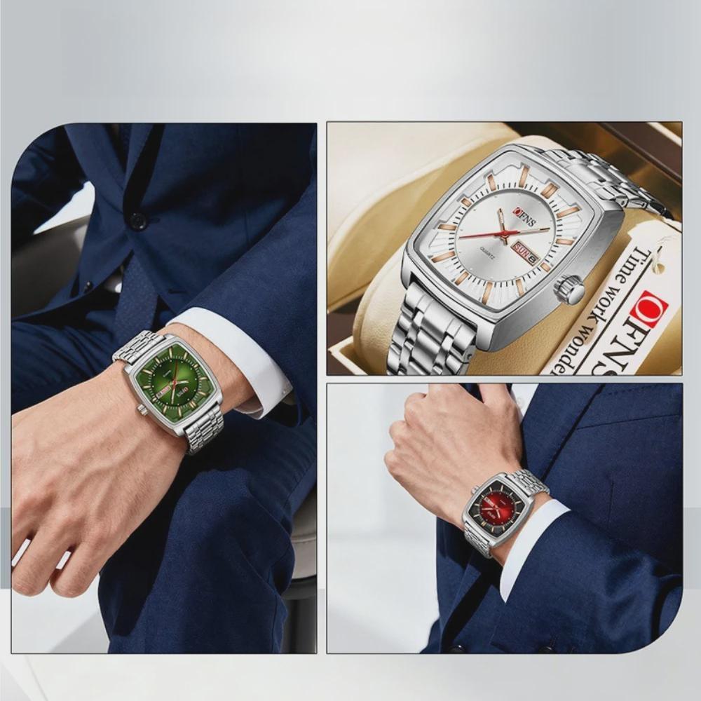 OFNS Квадратный механизм Водонепроницаемые мужские наручные часы Отображение даты и дня недели Мужские часы Роскошные кварцевые мужские часы