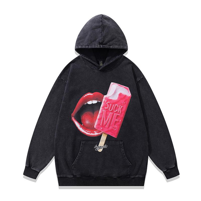 430G Heavy Cotton Hoodie Jacket Retro Cartoon Direct Injection Printing Fried Color Sweater For Men And Women