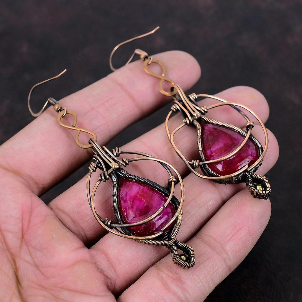 Граненые серьги с кашмирским рубином, серьги из медной проволоки, серьги ручной работы, потрясающие медные украшения, оригинальные серьги с драгоценными камнями, подарок для мамы