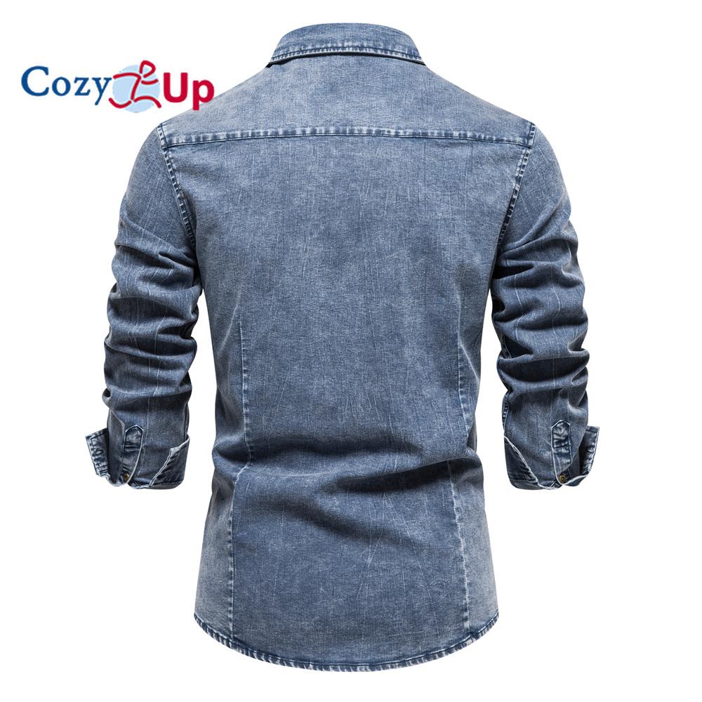 Cozy Up Хлопковые мужские джинсовые рубашки с двойным карманом, однотонные, повседневные мужские ковбойские рубашки, новые осенние тонкие качественные рубашки для мужчин