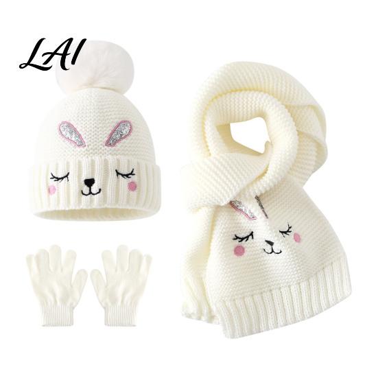 Warm Winter Clothing for Kids Hat Gloves Scarf Set Kids Knitted Pompom Hat Cute Toddlers Bunny Embroidery Cozy Boys Girls Ages 2 to 6 Windproof