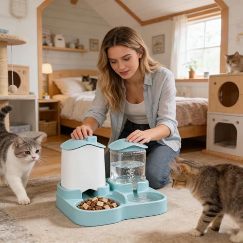 Automatic Cat Feeder and Water Dispenser Set, Leak-Proof Pet Feeding Bowl for Cats Dogs Puppies Small Animals