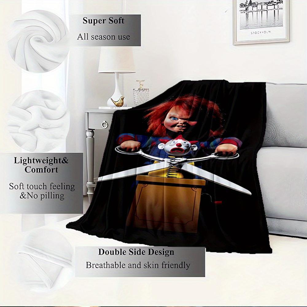 For Chucky,Horror Doll,Scissors-Themed Flannel Blanket, Glam Style, Digital Print, All-Season Comfort, Tear-Resistant, Knitted Craftsmanship