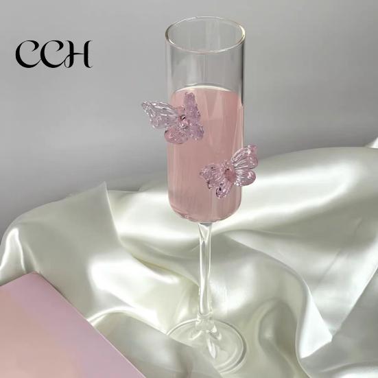 Butterfly Wine Glass Champagne Flutes with 3D Pink Decoration Wedding Glasses Faux Crystal Party Anniversary