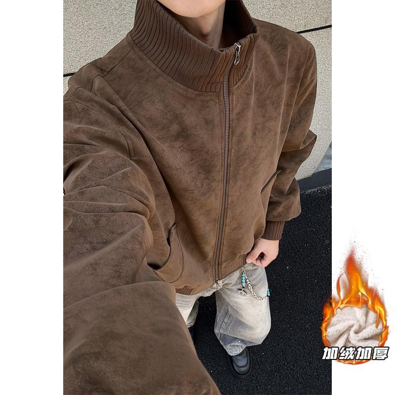 Mens Warm Fleece-Lined Oversized Cotton Jacket 2026 Loose Fit Stand Collar Zipper Hoodless Streetwear