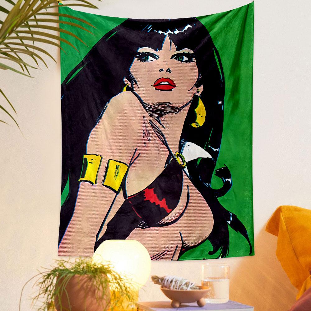 Bold comic-style artwork of a woman with dark hair and vibrant accents. Patterned tapestry for bedroom and living room home decor