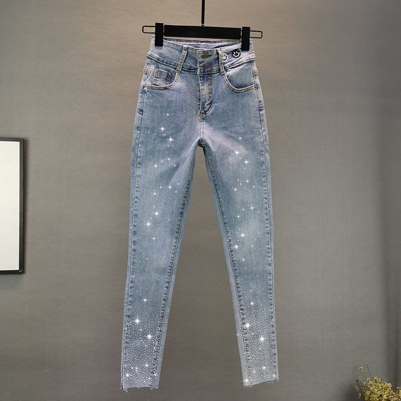 Women Rhinestone Skinny Jeans Autumn Casual High Waist Thin Nine Pants