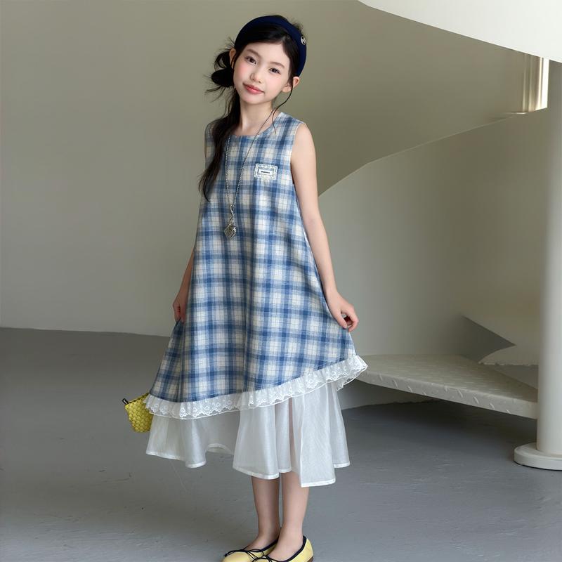Girls' summer long fake two piece checkered dress