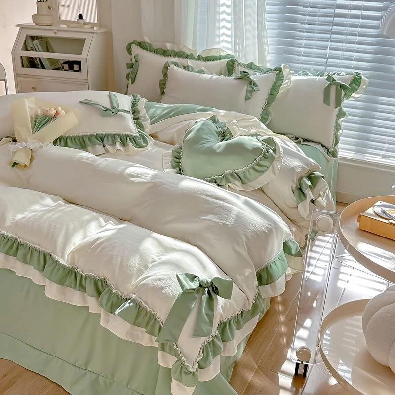 Spring Green Princess Bedding Set Double Layer Lace Bow Quilt Cover Sheet And Pillowcase Simple Pastoral Girl Home Textiles