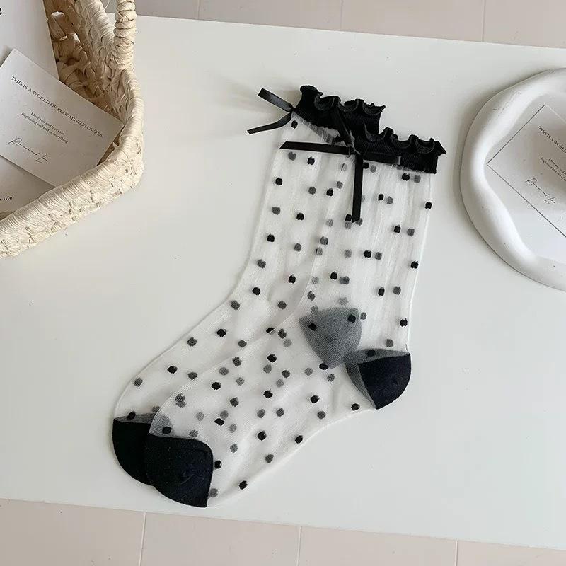 Spring and Summer Women's Style Transparent Silk, Black Fungus, Polka Dot, Bow, Crystal and Glass Fiber Women's Socks